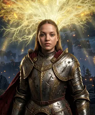 A grand, epic dark fantasy portrait of the subject as a tarnished warrior from Elden Ring. The subject is wearing ornate, detailed medieval plate armor with golden trim, battle-scratched steel textures, and a tattered crimson cape. In the background, a massive, towering glowing golden tree (Erdtree) dominates the sky, casting bright golden light and floating embers over a desolate ruined castle landscape. Dramatic cinematic lighting with high contrast.