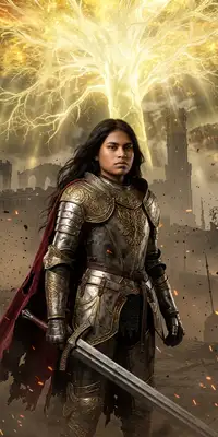 A grand, epic dark fantasy portrait of the subject as a tarnished warrior from Elden Ring. The subject is wearing ornate, detailed medieval plate armor with golden trim, battle-scratched steel textures, and a tattered crimson cape. In the background, a massive, towering glowing golden tree (Erdtree) dominates the sky, casting bright golden light and floating embers over a desolate ruined castle landscape. Dramatic cinematic lighting with high contrast.