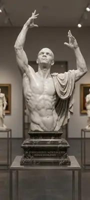 A realistic sculpture photo of the subject carved as a classical Roman marble bust. Beautifully detailed white Carrara marble texture with subtle grey veins, smooth polished surfaces, and soft chiselled details. Set in a museum gallery backdrop with soft warm spotlights creating dramatic shadows, highlighting the stone drapery of a toga.