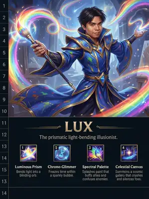 Create a stylized character splash screen inspired by the League of Legends in-game interface, using a semi-realistic, painterly fantasy art style.\nThe top section (first 10 rows of a clean 14-row vertical layout) should feature a dynamic illustration of a heroic fantasy character based on a real person’s face (use the provided photo), stylized but keeping facial features recognizable.\n\nThis character should be reimagined in a fantasy world setting where their core personality or hobby is exaggerated into a heroic archetype (e.g., if the person loves cooking, they become a magical combat chef). Outfit, accessories, and background should reflect this theme in a fun, whimsical, and epic way.\n\nIn the bottom 4 rows, include a dark-themed League-style UI with:\n• A character name (fantasy-style, derived from: Lux)\n• A heroic/funny title based on: \n• A spell bar with 4 ability icons and short, absurd, and funny descriptions — each no more than a sentence.\n\n📏 Layout Rules:\n• Use a clean 14-row vertical grid.\n• Leave row 14 entirely empty for visual padding — no text, icons, or UI.\n• Ensure all text and ability icons are clearly separated from the image edge with generous margin.\n\n🎨 Output: Portrait, 18x24 ratio, clean League of Legends-style composition.