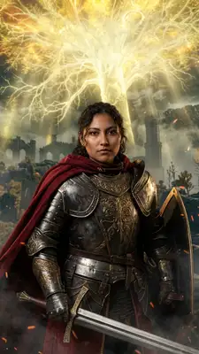 A grand, epic dark fantasy portrait of the subject as a tarnished warrior from Elden Ring. The subject is wearing ornate, detailed medieval plate armor with golden trim, battle-scratched steel textures, and a tattered crimson cape. In the background, a massive, towering glowing golden tree (Erdtree) dominates the sky, casting bright golden light and floating embers over a desolate ruined castle landscape. Dramatic cinematic lighting with high contrast.