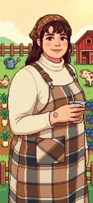 Transform this image into a cozy 16-bit pixel art character in the signature aesthetic of Stardew Valley. Convert the person's features into charming pixelized details with bright, warm colors, brown or colorful hair, and friendly eyes. Place them in a nostalgic farm background featuring wooden fences, green crops, and cute pixel farm animals under a soft, sunny sky. The portrait should feel like a cozy, handcrafted video game character portrait.
