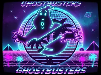 Transform this image into a 1980s synthwave (outrun) masterpiece. Render the character using a vibrant neon color palette of purple, magenta, and cyan. Place them against a retro-futuristic backdrop featuring a glowing wireframe laser grid, palm tree silhouettes, and a giant glowing neon wireframe sun. Add classic 80s chrome highlights and a VHS scanline aesthetic.