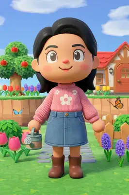 A cute, high-quality 3D render of the subject as a playable villager character in the art style of Animal Crossing: New Horizons. The character has large expressive round eyes, soft rosy blushing cheeks, a cute round nose, and a warm smile. Wearing a cozy patterned knit sweater. The background is a vibrant, sunny green grassy island village with simple colorful flowers, round trees with red apples, a wooden fence, and a clear blue sky.