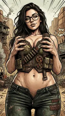 A hand-drawn cell-shaded graphic novel portrait of the subject in the iconic style of Borderlands. Thick black ink outlines, textured watercolor and ink washes, grungy post-apocalyptic textures. The subject is wearing a tactical wasteland vest with straps and gears, and has a rebellious grin. Background features a desert canyon wasteland with scrap metal structures and comic speed lines.