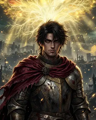A grand, epic dark fantasy portrait of the subject as a tarnished warrior from Elden Ring. The subject is wearing ornate, detailed medieval plate armor with golden trim, battle-scratched steel textures, and a tattered crimson cape. In the background, a massive, towering glowing golden tree (Erdtree) dominates the sky, casting bright golden light and floating embers over a desolate ruined castle landscape. Dramatic cinematic lighting with high contrast.