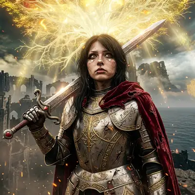 A grand, epic dark fantasy portrait of the subject as a tarnished warrior from Elden Ring. The subject is wearing ornate, detailed medieval plate armor with golden trim, battle-scratched steel textures, and a tattered crimson cape. In the background, a massive, towering glowing golden tree (Erdtree) dominates the sky, casting bright golden light and floating embers over a desolate ruined castle landscape. Dramatic cinematic lighting with high contrast.