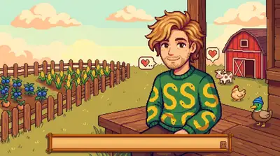 Transform this image into a cozy 16-bit pixel art character in the signature aesthetic of Stardew Valley. Convert the person's features into charming pixelized details with bright, warm colors, brown or colorful hair, and friendly eyes. Place them in a nostalgic farm background featuring wooden fences, green crops, and cute pixel farm animals under a soft, sunny sky. The portrait should feel like a cozy, handcrafted video game character portrait.
