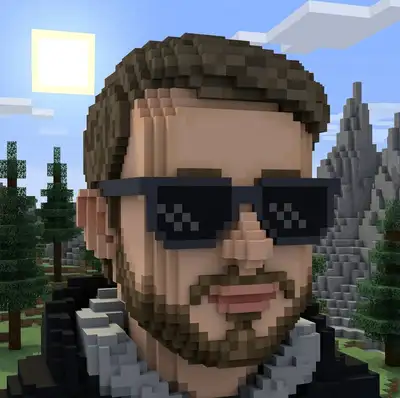 Transform this portrait into a block-based voxel style reminiscent of Minecraft. Render the subject as a 3D pixelated character made of small textured blocks. Place them in a blocky landscape with voxel trees, mountains, and pixelated skies under bright square-sun daylight.