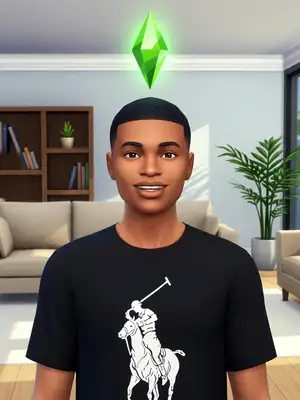 A 3D render of the subject as a playable character in The Sims 4, smooth stylized skin, stylized hair, friendly smile, a bright green glowing plumbob diamond floating directly above the head, clean modern interior background, Maxis game art style.